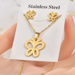Butterfly Stainless Steel Cute Set Pendant Necklace Earrings High-Quality